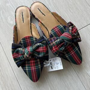 J Crew Factory Tartan Slip On Mules Shoes Womens Size 7.5 Red Green Plaid Read